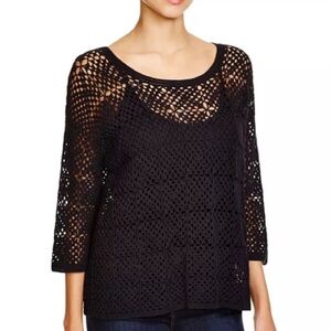 Joie Eva Crochet Black Round Neck Pullover 3/4 Sleeve Sweater